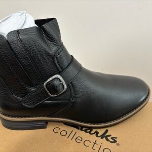 Clarks Black Leather Ankle Boots with Buckle Detail